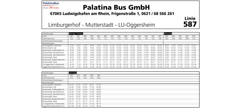 Der Fahrplan von Limburgerhof, über Mutterstadt nach Oggersheim
