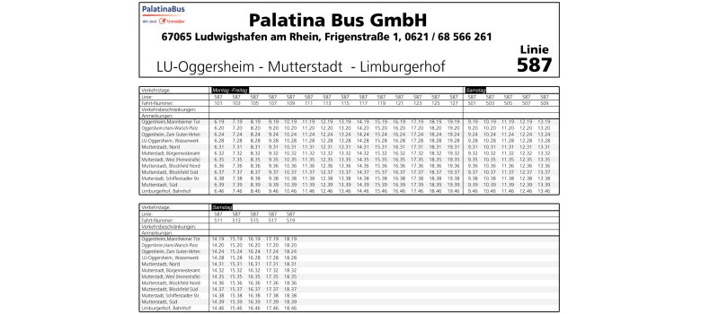 Der Fahrplan von Oggersheim, über Mutterstadt nach Limburgerhof