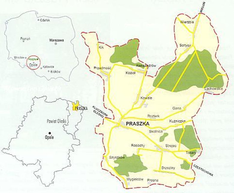 Ein georafischer Lageplan der Partnergemeinde Praszka in Polen